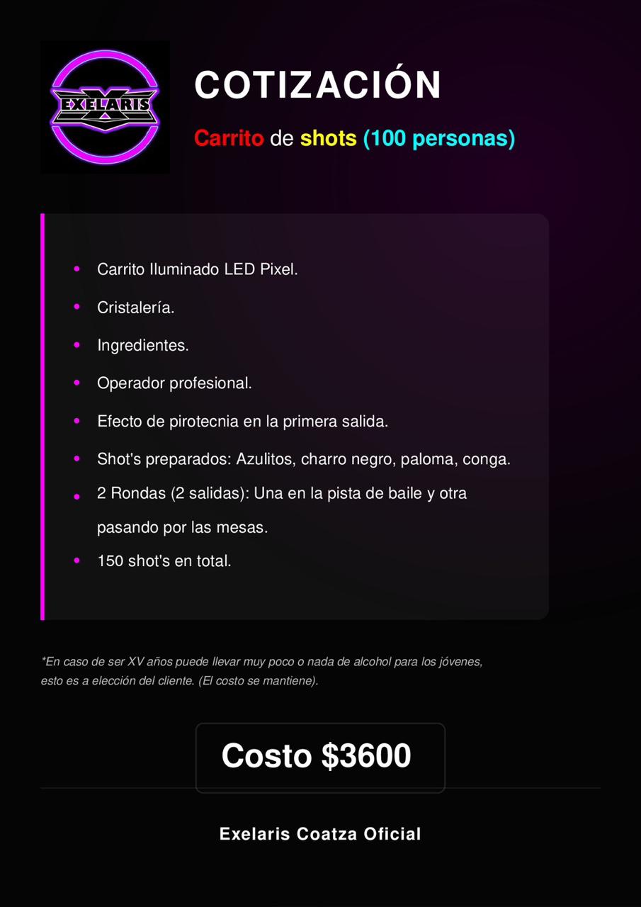 Cartel de carrito de shots para 100 personas