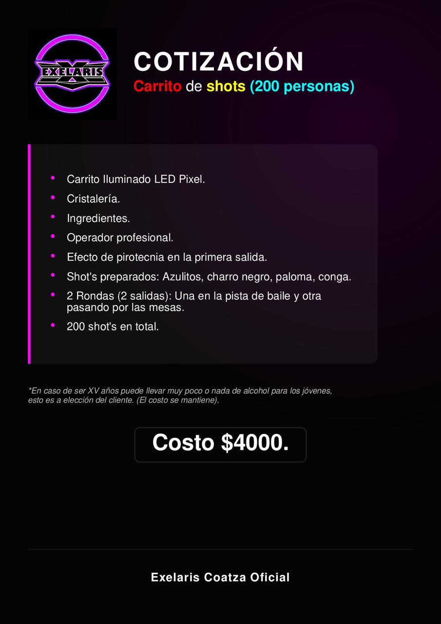 Cartel de carrito de shots para 200 personas